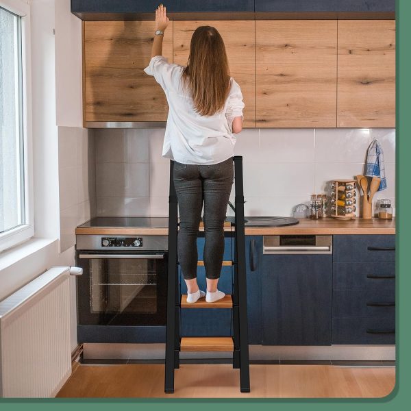 Wood Nymph 4 Step Ladder Aluminum Portable Black Woodgrain-5