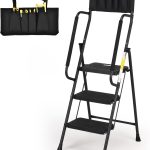 HBTower 3 Step Ladder Black Steel Handrail Anti Slip-0