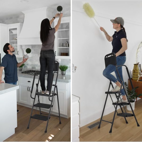 HBTower 3 Step Ladder Black Steel Handrail Anti Slip-5