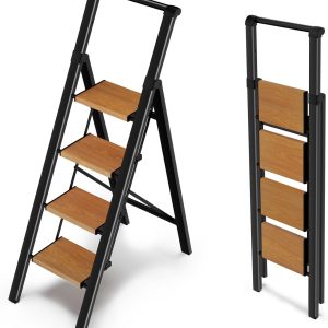 Wood Nymph 4 Step Ladder Aluminum Portable Black Woodgrain-0
