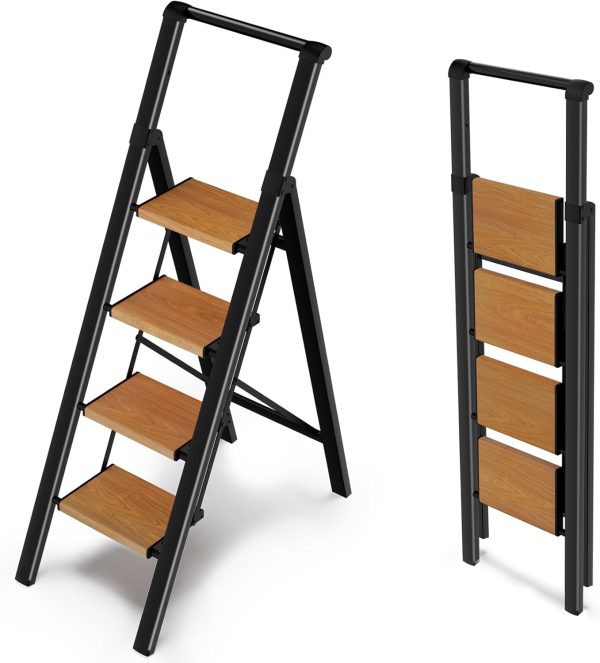 Wood Nymph 4 Step Ladder Aluminum Portable Black Woodgrain-0