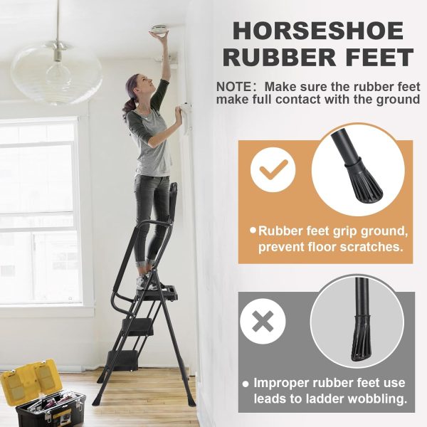 HBTower 3 Step Ladder Black Steel Handrail Anti Slip-4