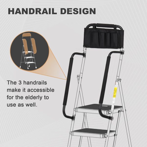 HBTower 3 Step Ladder Black Steel Handrail Anti Slip-1