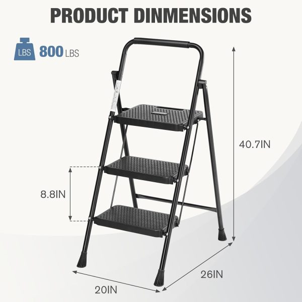 Sweetcrispy 3 Step Ladder Black Metal Portable Anti Slip-2