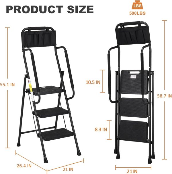 HBTower 3 Step Ladder Black Steel Handrail Anti Slip-6
