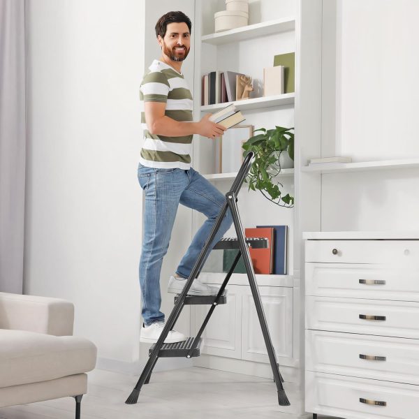 Sweetcrispy 3 Step Ladder Black Metal Portable Anti Slip-4
