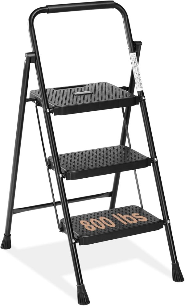 Sweetcrispy 3 Step Ladder Black Metal Portable Anti Slip-0