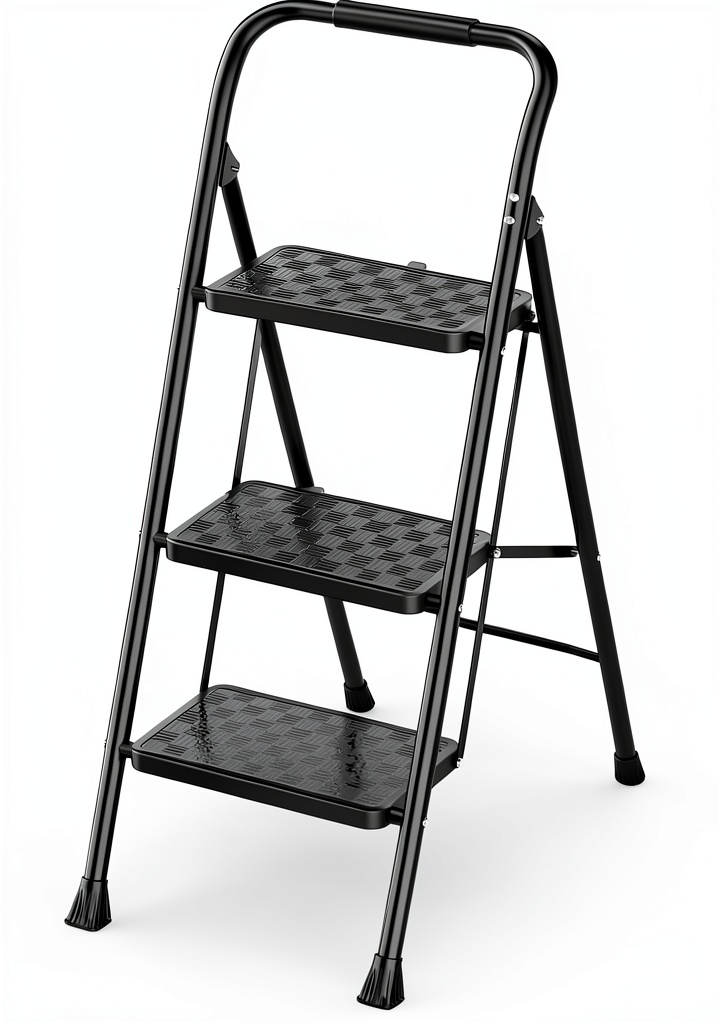 HBTower 3-step ladder folded and stored in a closet