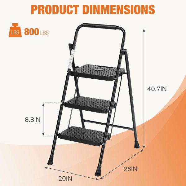 Sweetcrispy 3 Step Ladder Black Metal Portable Anti Slip-6