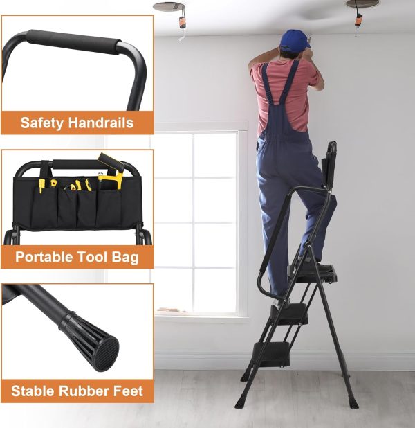HBTower 3 Step Ladder Black Steel Handrail Anti Slip-3