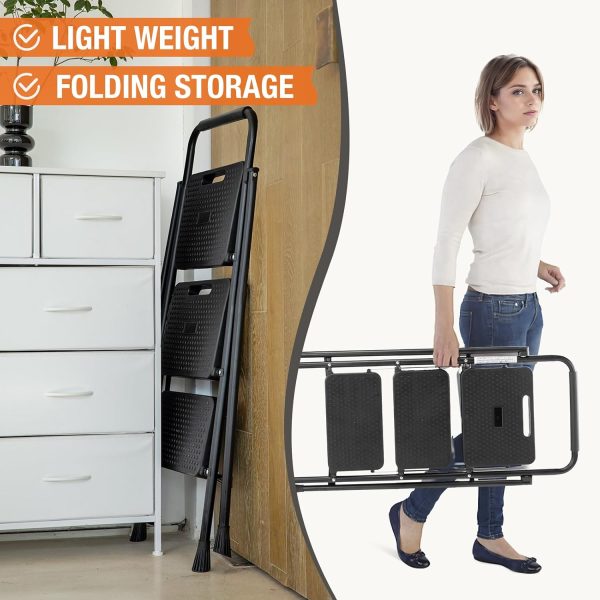 Sweetcrispy 3 Step Ladder Black Metal Portable Anti Slip-8
