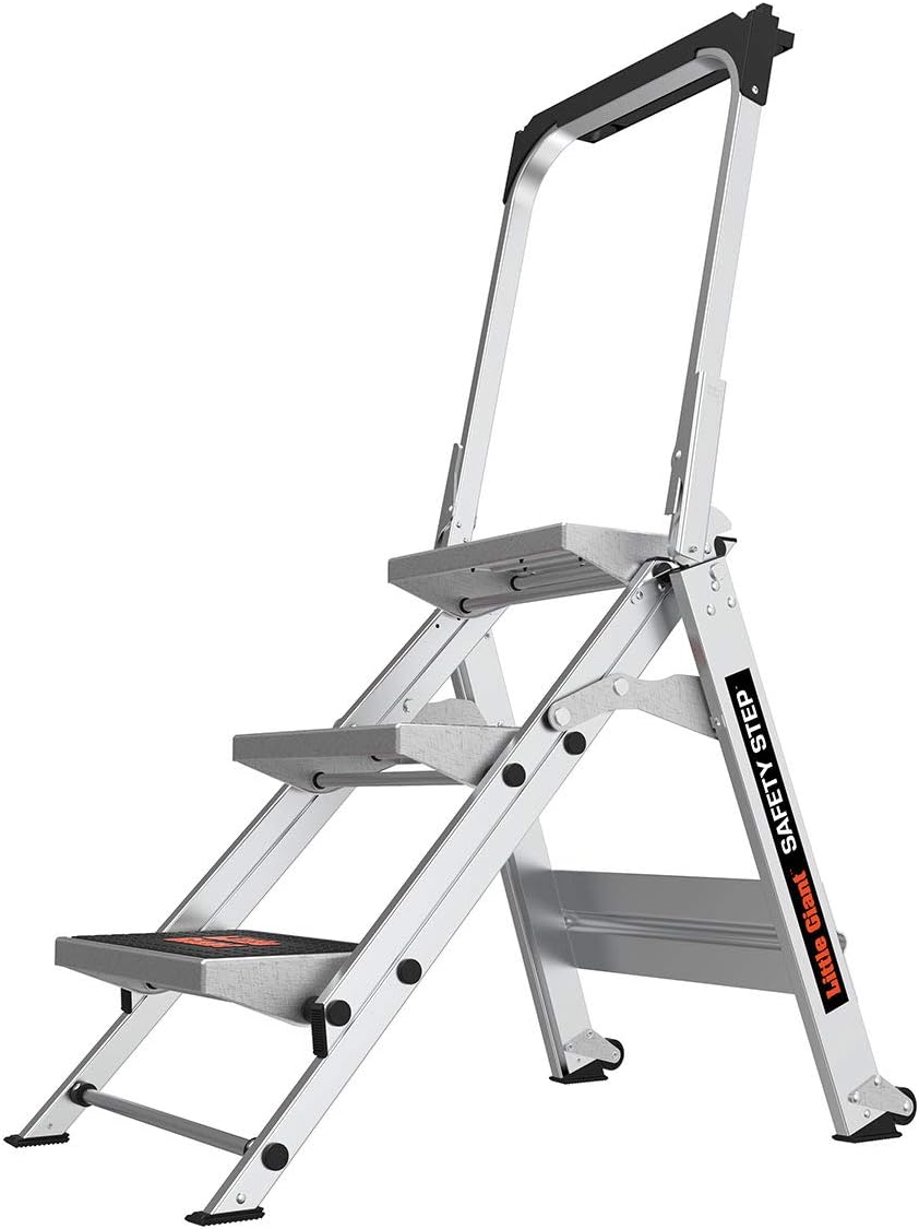 Little Giant 3-step aluminum ladder in a home workshop setting