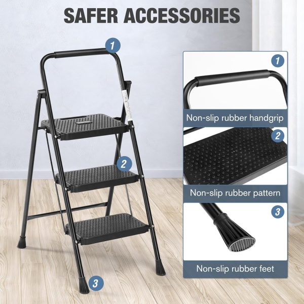Sweetcrispy 3 Step Ladder Black Metal Portable Anti Slip-3