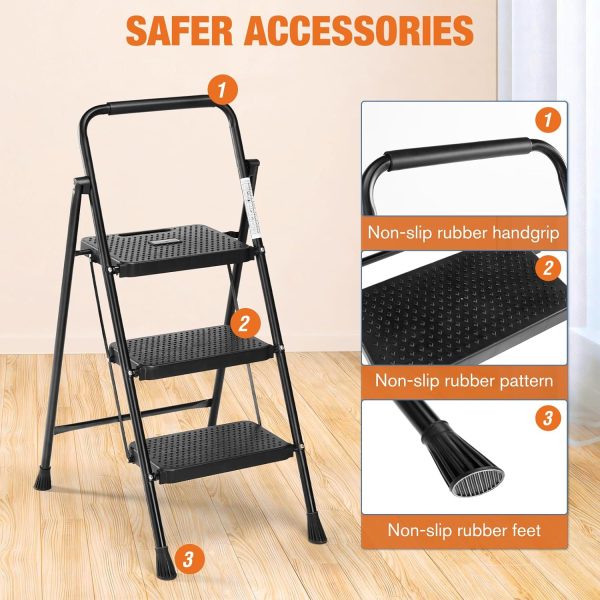 Sweetcrispy 3 Step Ladder Black Metal Portable Anti Slip-7