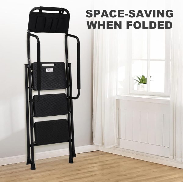 HBTower 3 Step Ladder Black Steel Handrail Anti Slip-7