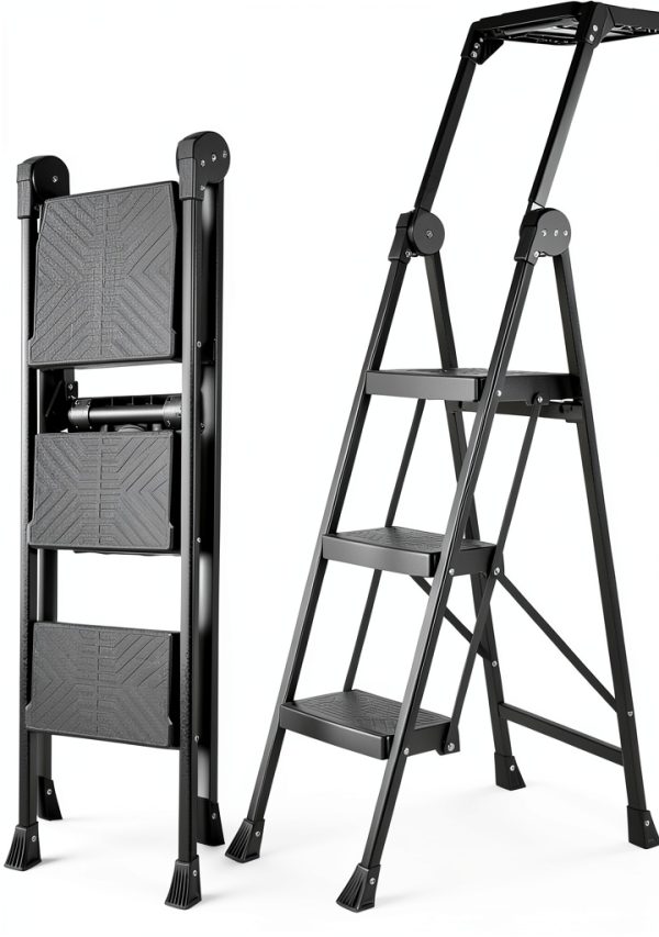 XinSunho 3 Step Ladder Cast Iron Foldable Handrail Tool Tray-0
