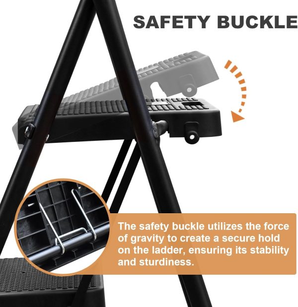 HBTower 3 Step Ladder Black Steel Handrail Anti Slip-2